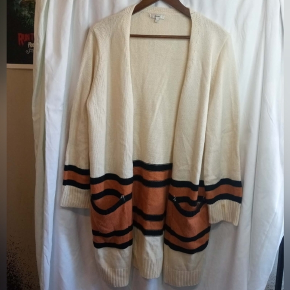 JODIFL Sweaters - Cream Open Front Cardigan Rust Black Stripes Native Long Southwest Large Pockets